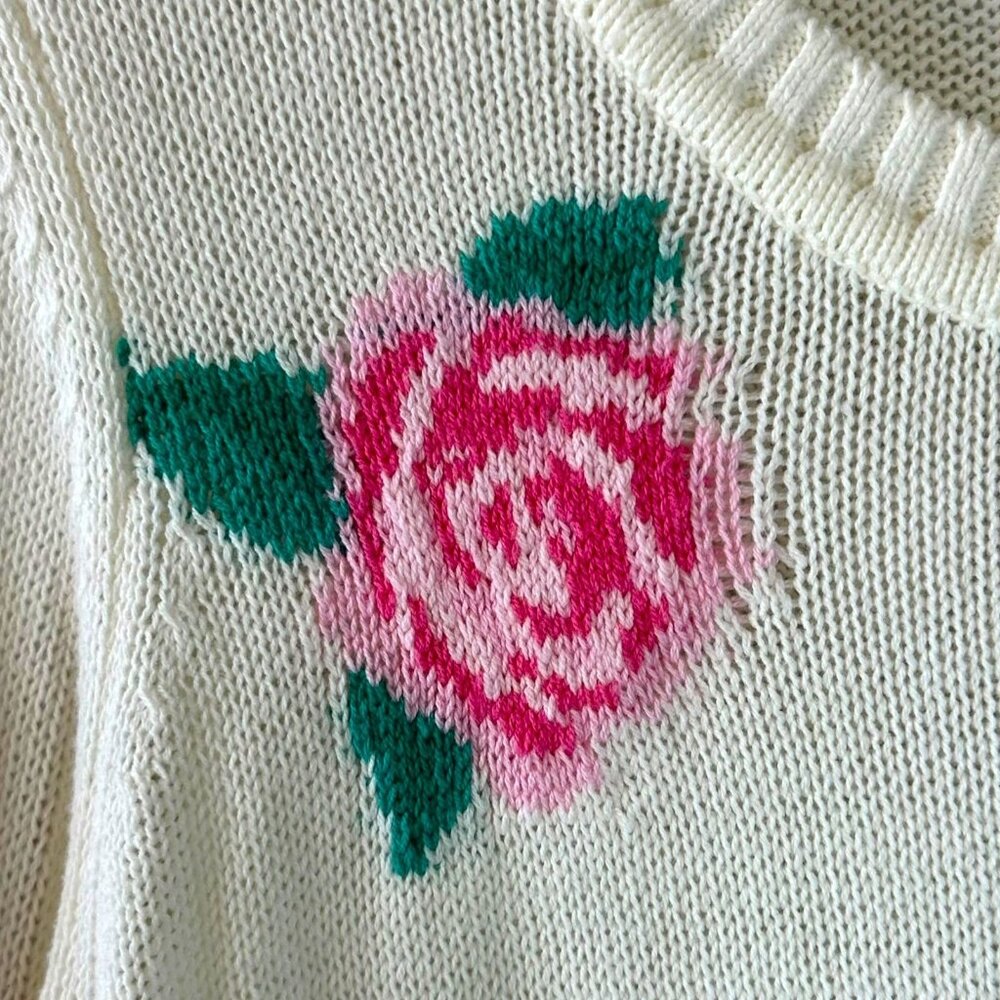 Chaser White Floral Knit Sweater - Size L - Cotton Blend - Picture 4 of 7